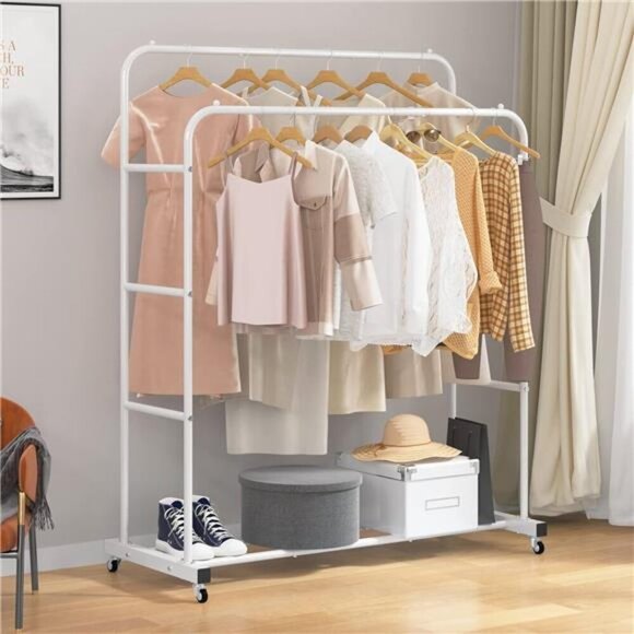 Double Rods Clothing Rack with Wheels, Garment Rack for Hanging Clothes - Picture 5 of 8